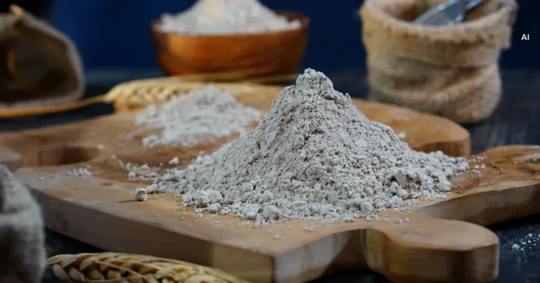 Mąka krupczatka w drewnianej miarce obok kopczyka drobnej mąki tortowej na blacie