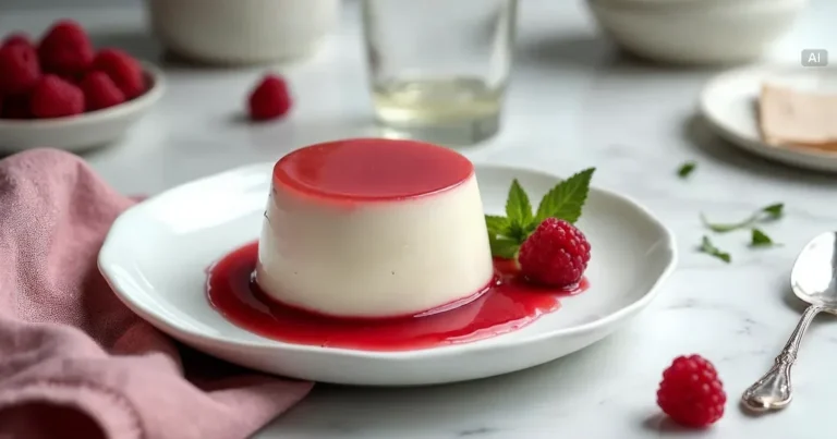 Panna cotta wyłożona na talerz z sosem malinowym i świeżymi malinami