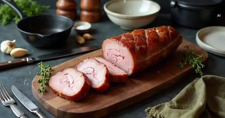 Polędwiczki wieprzowe pokrojone w plastry, różowe w środku, na desce