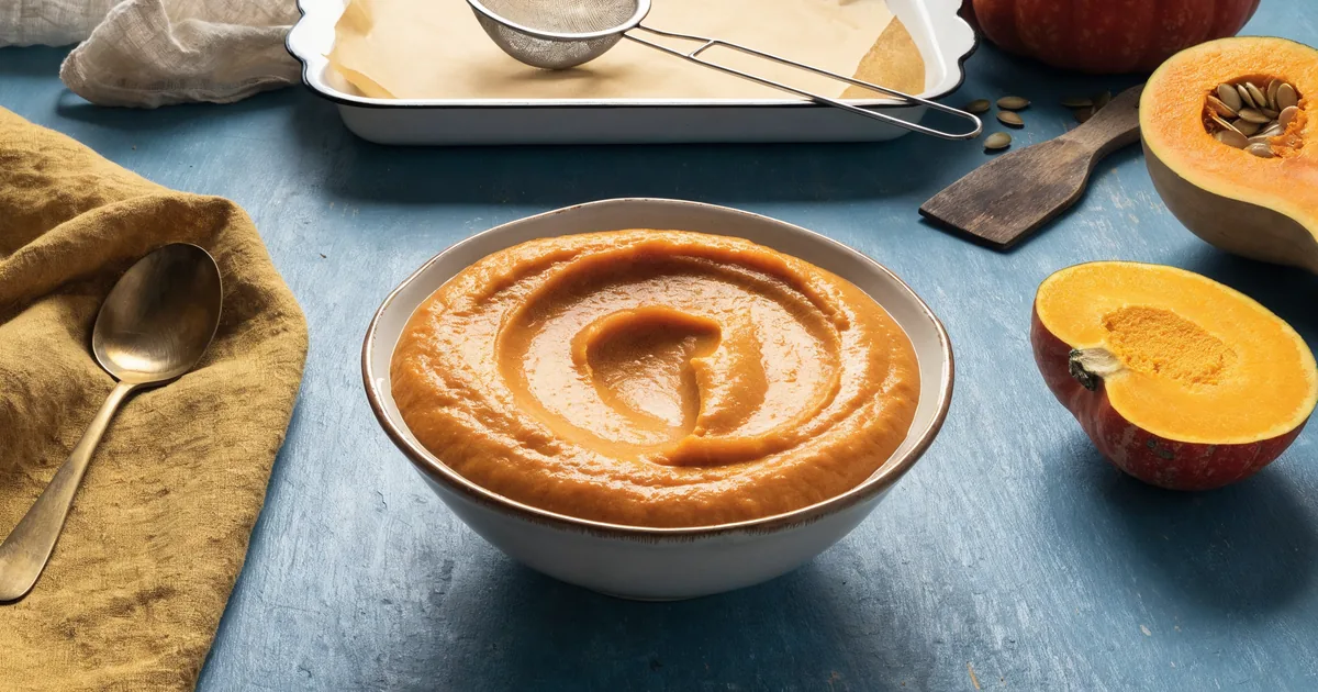 Puree z dyni w misce, gęste i intensywnie pomarańczowe, łyżka zostawia ślad, obok połówka hokkaido