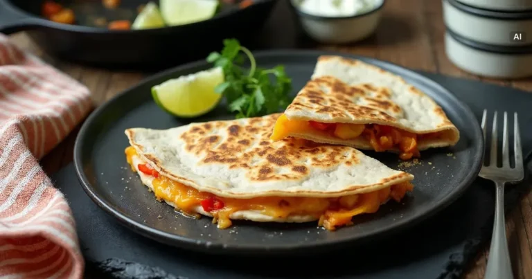Quesadilla przekrojona na trójkąty, ciągnący się ser i kawałki kurczaka