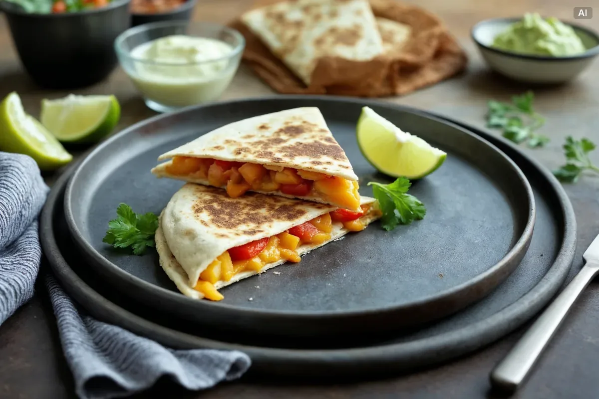 Przekrój quesadilli z kurczakiem, papryką i roztopionym serem cheddar