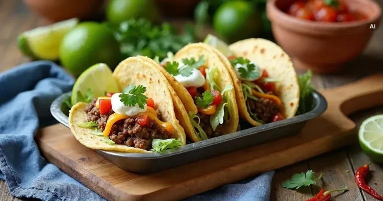 Trzy tacos z wołowiną, salsą z pomidorów i kolendrą na drewnianej desce