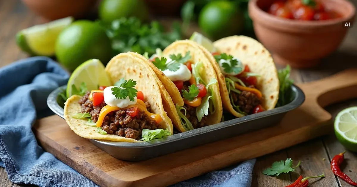 Trzy tacos z wołowiną, salsą z pomidorów i kolendrą na drewnianej desce