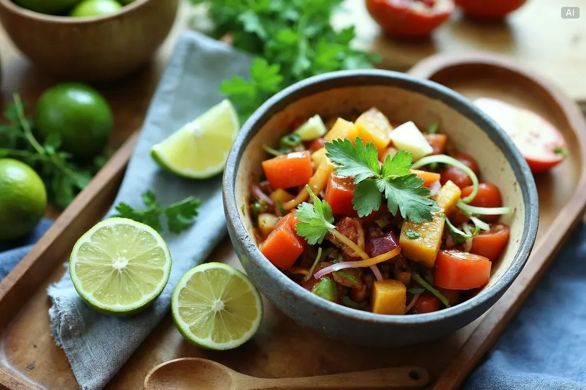 Pico de gallo z pomidorów, czerwonej cebuli i kolendry w kamionkowej misce
