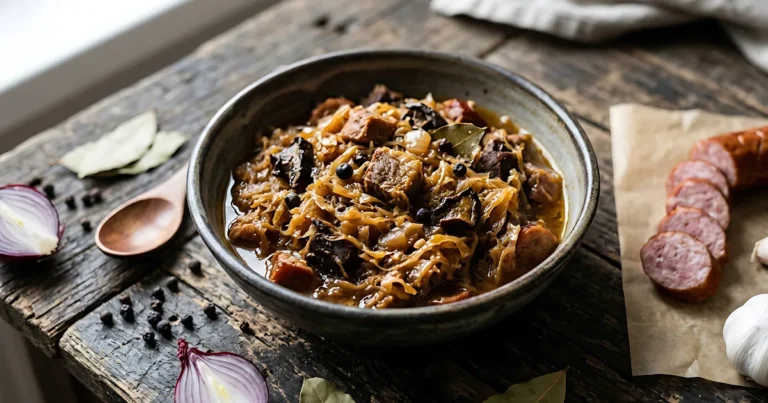 Bigos z kiełbasą w ciemnej misce na drewnianym stole