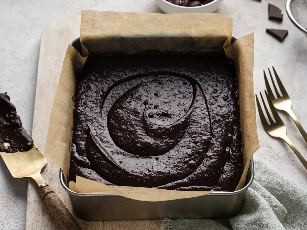 Gęsta masa na brownie z fasoli wyrównana w formie 15 x 15 cm wyłożonej papierem