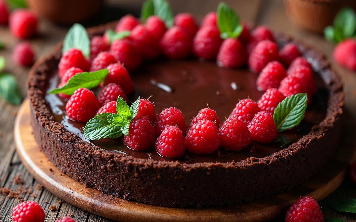 Tarta czekoladowa z malinami i miętą