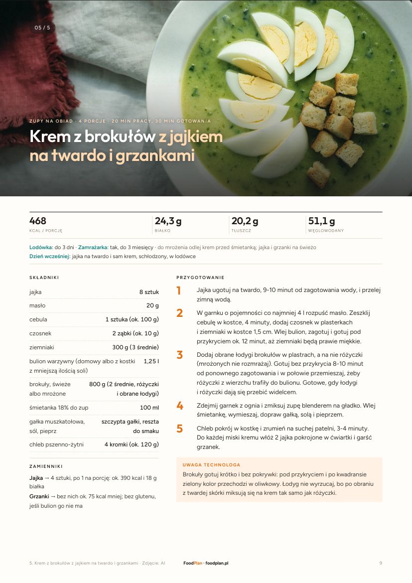 Strona z przepisem na krem z brokułów