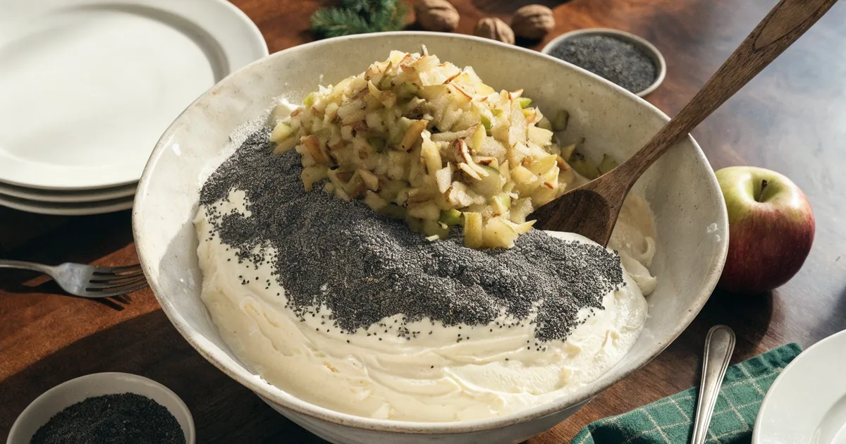 Tarte jabłka i namoczony mak w misce z utartym masłem - masa na makowiec japoński