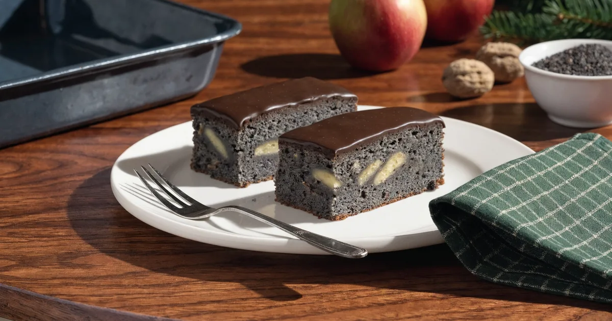 Kawałki makowca japońskiego z czekoladową polewą na białym talerzu, w przekroju ciemny mak i jabłko