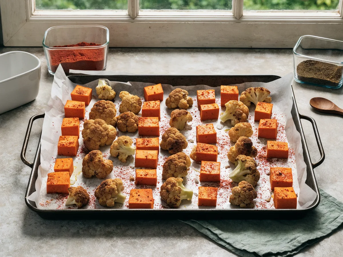 Blacha pieczonego kalafiora i dyni hokkaido w jednej warstwie, baza do meal prep