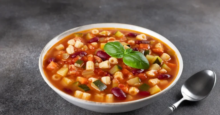 Minestrone w białej głębokiej misce z fasolą, makaronem, warzywami i tartym parmezanem