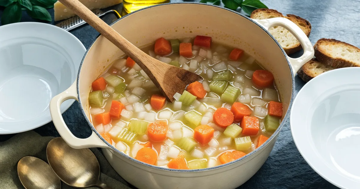 Cebula, marchew i seler podsmażane na oliwie w garnku - baza do zupy minestrone