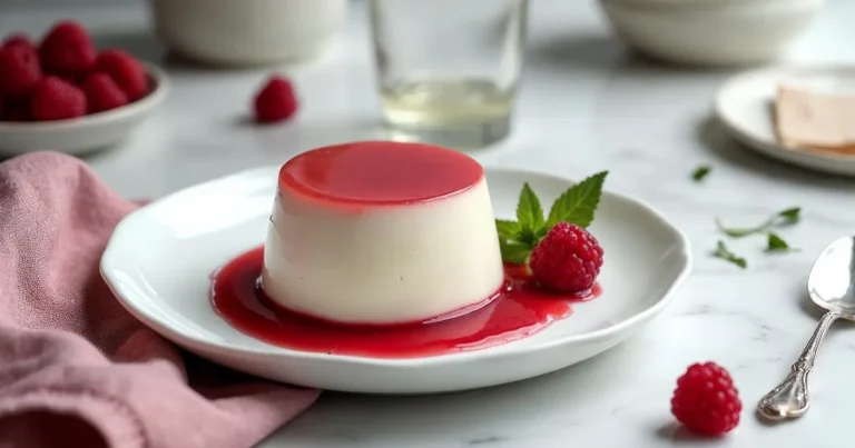 Panna cotta wyłożona na talerz z sosem malinowym i świeżymi malinami