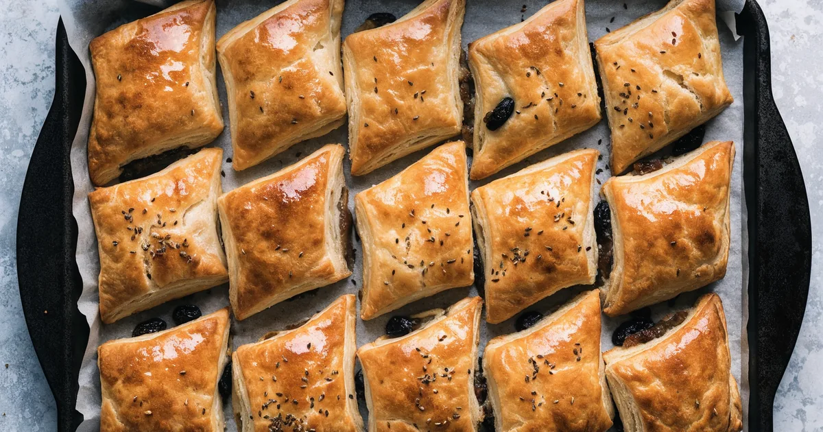 Upieczone paszteciki z ciasta francuskiego ułożone rzędami na blasze wyłożonej papierem