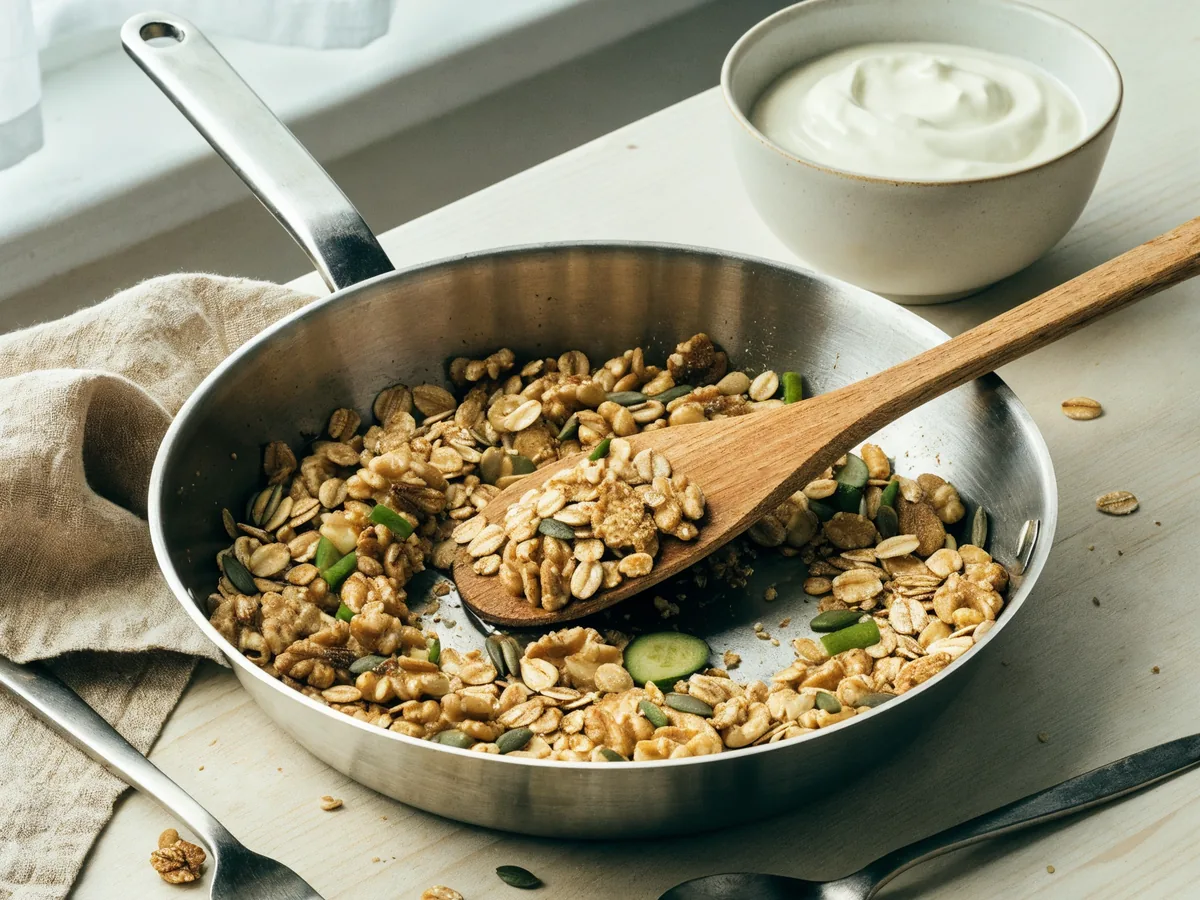 Granola z patelni - złote płatki owsiane z orzechami włoskimi i słonecznikiem tuż po zdjęciu z ognia