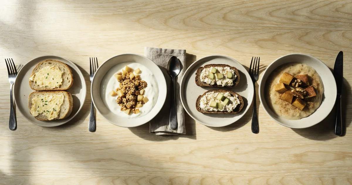Pomysły na śniadanie - pasta jajeczna na chlebie, jogurt z granolą, pasta z tuńczyka i owsianka z jabłkiem