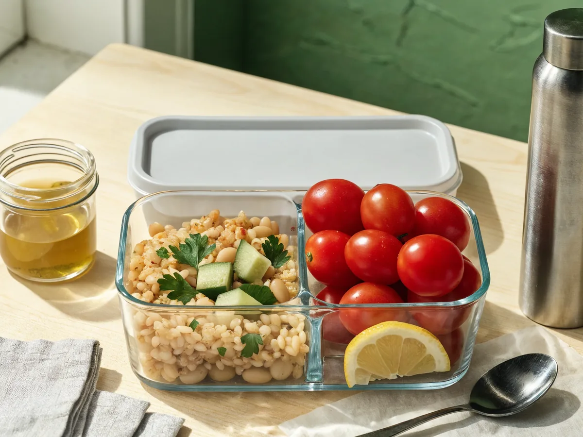 Lunchbox do pracy z przegródkami: bulgur z natką i fasolą, całe pomidorki koktajlowe, cytryna i sos w słoiczku obok