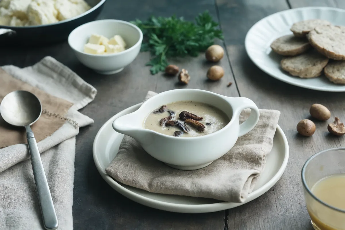 Gęsty sos grzybowy w sosjerce, łyżka nabiera sos z kawałkami grzybów, w tle placki ziemniaczane