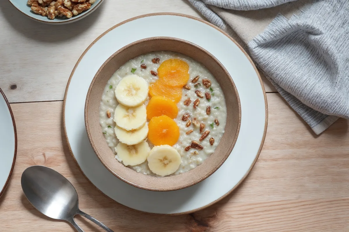 Owsianka z mikrofalówki z plastrami banana i orzechami włoskimi w białej misce